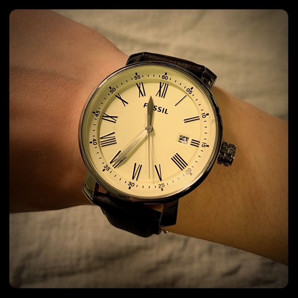 Large fossil watch with brown leather band